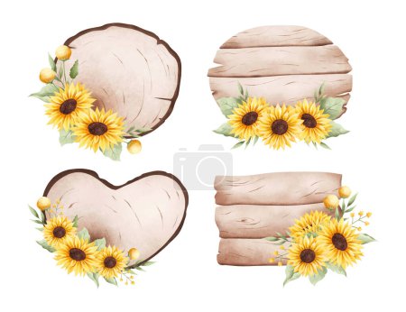 Illustration for Watercolor Illustration set of wooden board sign with sunflower wreath - Royalty Free Image