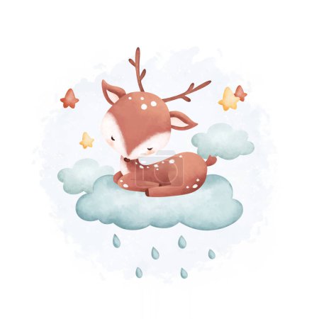 Téléchargez les illustrations : Illustration aquarelle mignon bébé cerf dort sur le nuage et les étoiles - en licence libre de droit