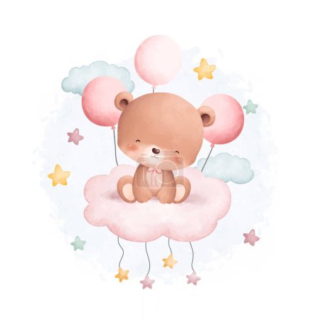 Aquarell Illustration niedlicher Teddybär auf Wolke mit Sternen und Luftballons