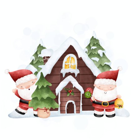 Téléchargez les illustrations : Maison de Noël avec bonhomme de neige et arbre - en licence libre de droit