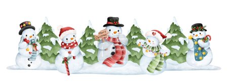 Ilustración de Muñeco de nieve de Navidad y muñeco de nieve con ramas de abeto y regalos sobre un fondo aislado. - Imagen libre de derechos