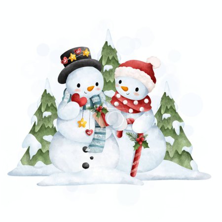 Téléchargez les illustrations : Bonhomme de neige avec bonhomme de neige de Noël et bonhomme de neige, illustration vectorielle - en licence libre de droit