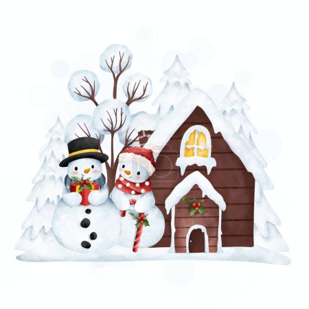 Téléchargez les illustrations : Bonhomme de neige de Noël et bonhomme de neige avec arbre de Noël isolé sur fond blanc - en licence libre de droit