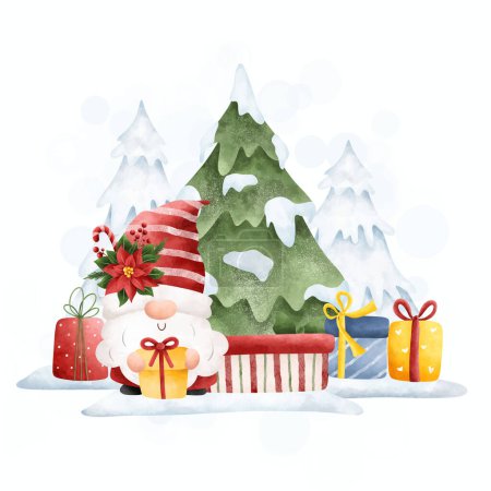 Téléchargez les illustrations : Illustration aquarelle gnome de Noël avec cadeaux - en licence libre de droit