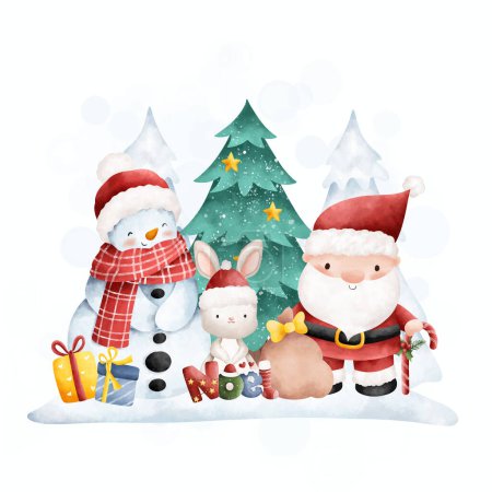 Téléchargez les illustrations : Carte de Noël avec bonhomme de neige et Père Noël claus. personnages de dessin animé mignon. - en licence libre de droit