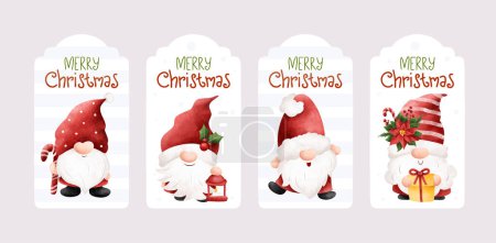 Illustration for Watercolor illustration set of Christmas hangtag and sticker with gnome - Royalty Free Image