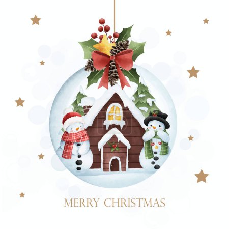 Téléchargez les illustrations : Carte de Noël avec Père Noël claus, bonhomme de neige, arbre - en licence libre de droit