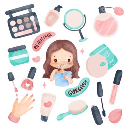 Illustration for Watercolor Illustration set of cute girls and make up - Royalty Free Image