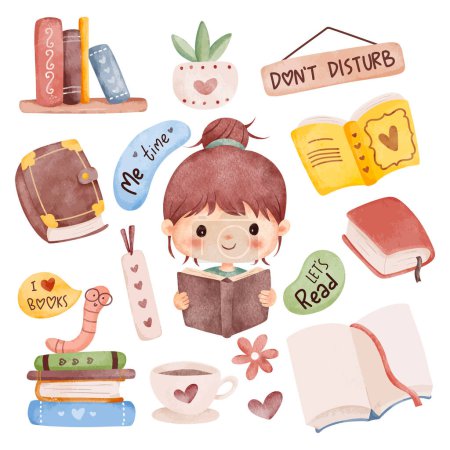 Watercolor Illustration set of cute girls and book elements