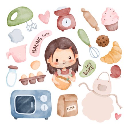 Ilustración de Acuarela Ilustración conjunto de chicas lindas y elementos utensilios de cocina - Imagen libre de derechos