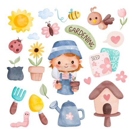 Ilustración de Set para niños con flores, plantas, jardín. herramientas de jardín, jardín. vector. aislado sobre fondo blanco - Imagen libre de derechos
