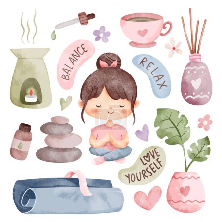 Illustration for Cute little girl do yoga, relaxing and relaxing. hand drawn watercolor illustration. - Royalty Free Image