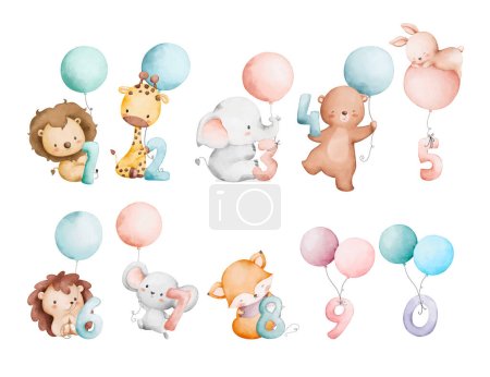 Téléchargez les illustrations : Ensemble d'animaux aquarelle mignon avec ballons, animaux et animaux - en licence libre de droit