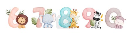 Illustration for Watercolor Illustration set of numbers with cute baby animals - Royalty Free Image
