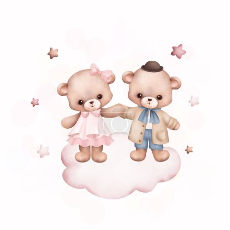 Téléchargez les illustrations : Aquarelle Illustration mignon couple teddy beasr sur le nuage - en licence libre de droit