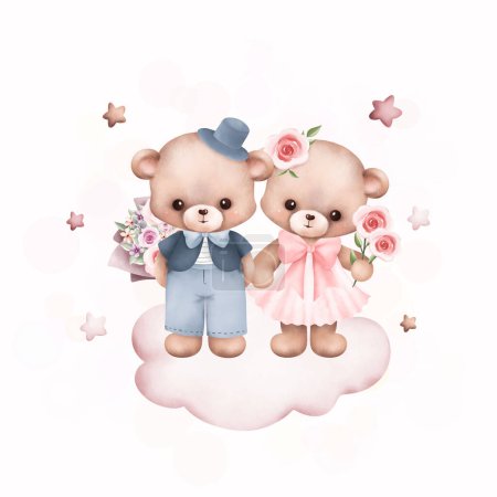 Ilustración de Acuarela Ilustración linda pareja teddy beasr en la nube - Imagen libre de derechos