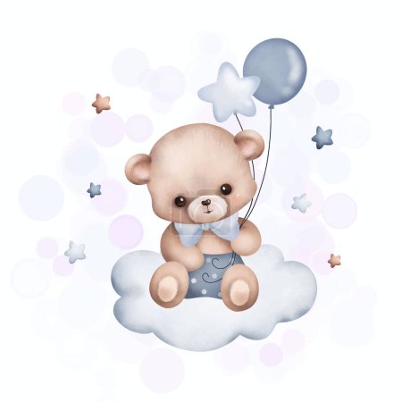 Téléchargez les illustrations : Illustration aquarelle ours en peluche mignon sur le nuage - en licence libre de droit
