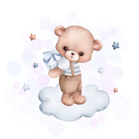 Téléchargez les illustrations : Illustration aquarelle ours en peluche mignon sur le nuage - en licence libre de droit