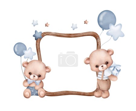 Téléchargez les illustrations : Illustration aquarelle bébé ours mignon et cadre en bois - en licence libre de droit