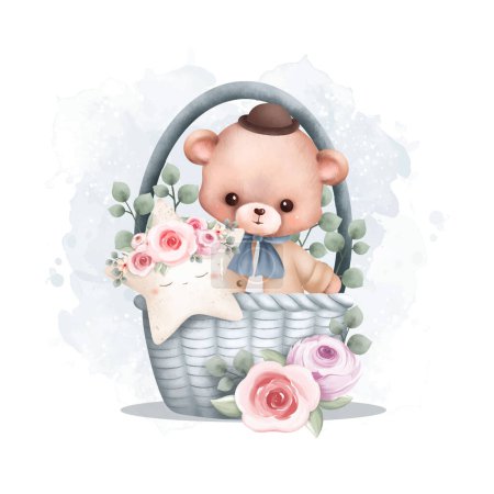 Téléchargez les illustrations : Aquarelle Illustration ours en peluche mignon dans le panier avec couronne de fleurs - en licence libre de droit
