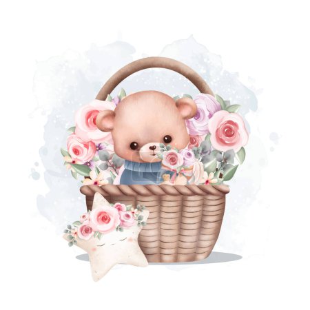 Téléchargez les illustrations : Aquarelle Illustration ours en peluche mignon dans le panier avec couronne de fleurs - en licence libre de droit