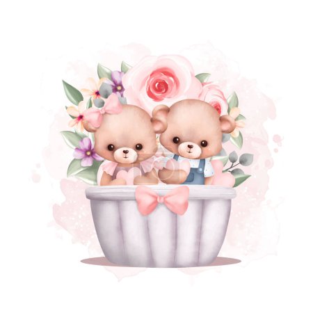 Téléchargez les illustrations : Aquarelle Illustration mignon couple ours en peluche dans le panier avec couronne de fleurs - en licence libre de droit