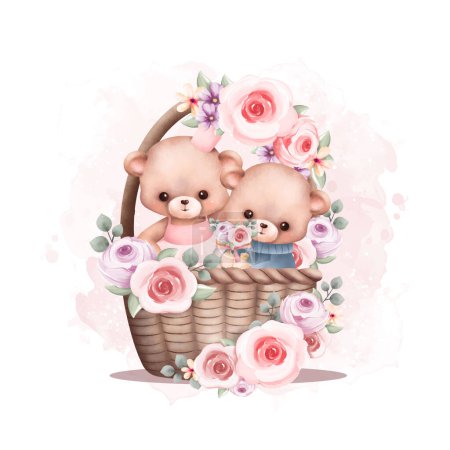 Ilustración de Acuarela Ilustración linda pareja osito de peluche en cesta con corona de flores - Imagen libre de derechos