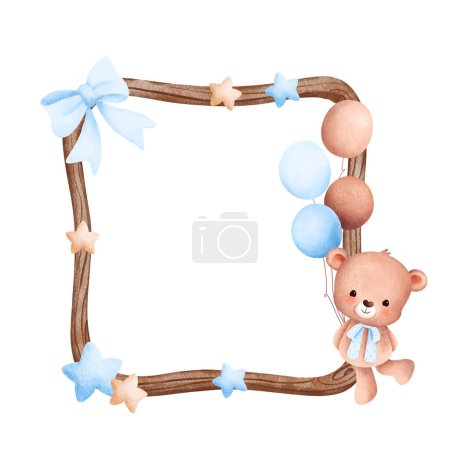 Illustration for Watercolor illustration wooden frame with cute baby teddy bear and balloon - Royalty Free Image