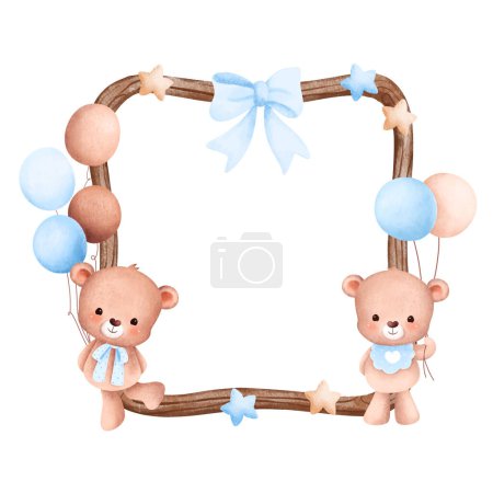 Téléchargez les illustrations : Aquarelle illustration cadre en bois avec bébé ours en peluche mignon et ballon - en licence libre de droit