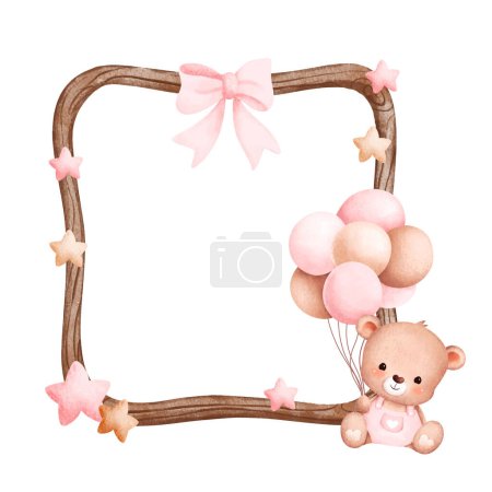 Illustration for Watercolor illustration wooden frame with cute baby teddy bear and balloon - Royalty Free Image