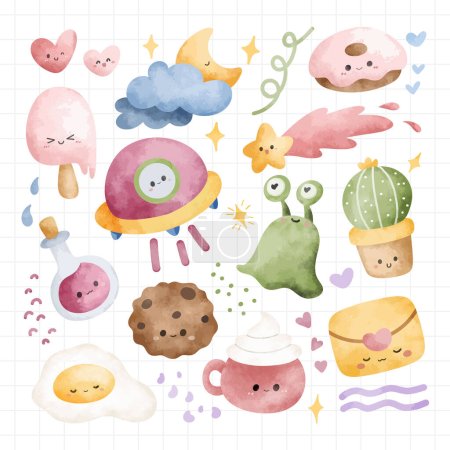 Illustration for Watercolor Illustration set of cute things doodle - Royalty Free Image