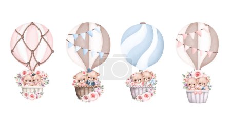 Illustration for Watercolor illustration set of Teddy bear in Hot air balloon - Royalty Free Image