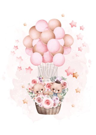 Illustration for Watercolor illustration Teddy bear and balloons with stars - Royalty Free Image