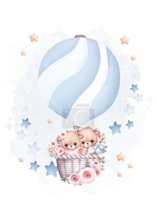 Ilustración de Ilustración en acuarela Osito de peluche y globos con estrellas - Imagen libre de derechos