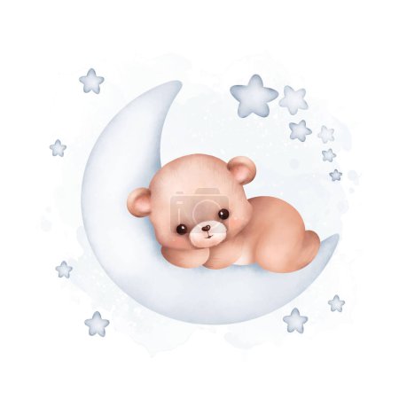 Téléchargez les illustrations : Illustration aquarelle Ours en peluche sur la lune avec des étoiles - en licence libre de droit