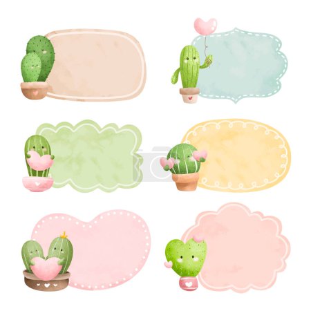 Illustration for Watercolor Illustration set of Scrapbook notes paper with cute cactus - Royalty Free Image