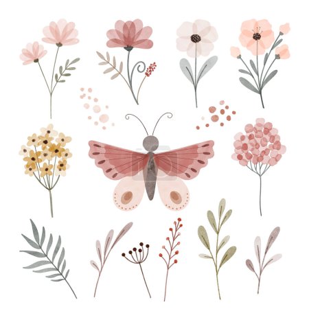 Ilustración de Conjunto de mariposas lindas y flores. ilustración vectorial. - Imagen libre de derechos