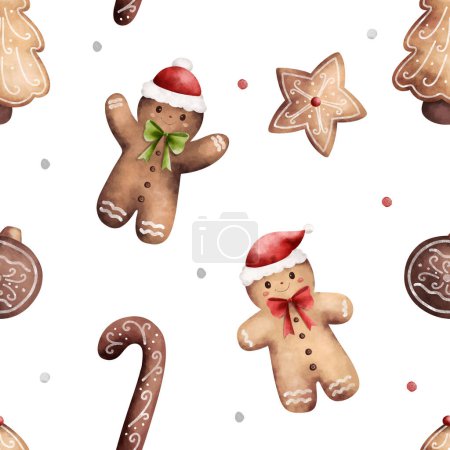 Téléchargez les illustrations : Motif sans couture aquarelle avec biscuits au pain d'épice, branches d'arbre de Noël - en licence libre de droit