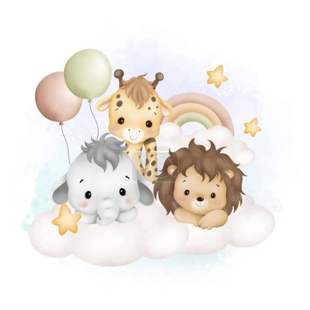 Téléchargez les illustrations : Illustration aquarelle bébé animaux mignons sur nuage avec des ballons et des étoiles - en licence libre de droit