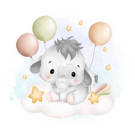 Téléchargez les illustrations : Illustration aquarelle bébé éléphant mignon sur nuage avec ballons et étoiles - en licence libre de droit