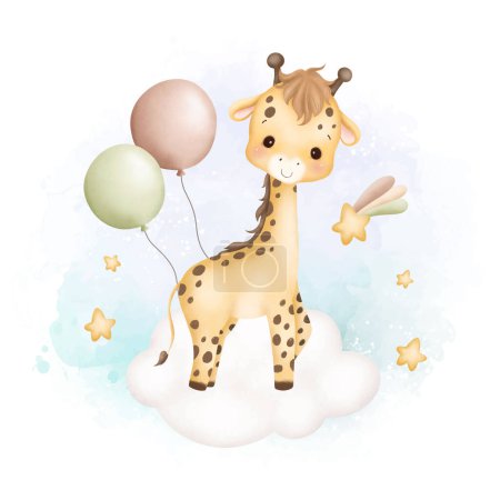 Illustration for Watercolor Illustration cute baby giraffe on cloud with balloons and stars - Royalty Free Image