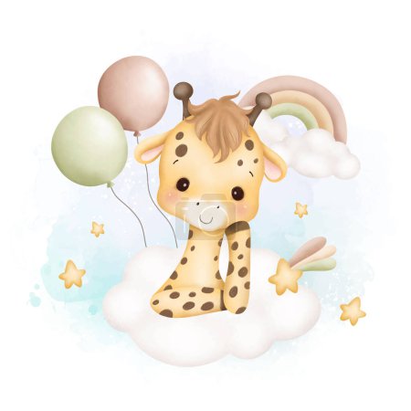 Téléchargez les illustrations : Illustration aquarelle girafe bébé mignon sur nuage avec ballons et étoiles - en licence libre de droit