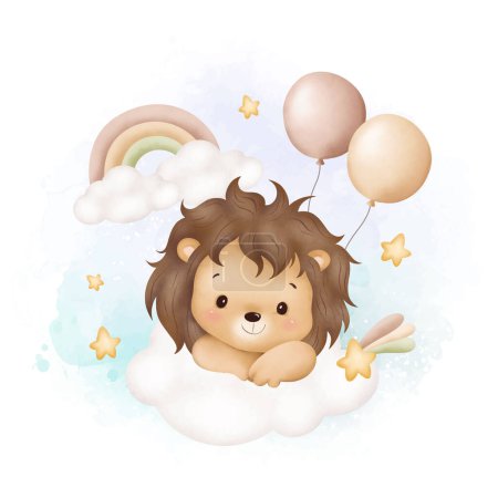 Téléchargez les illustrations : Illustration aquarelle bébé lion mignon sur nuage avec ballons et étoiles - en licence libre de droit