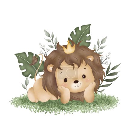 Illustration for Watercolor Illustration cute lion sits on green grass and tropical leaves - Royalty Free Image
