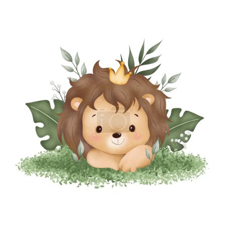 Téléchargez les illustrations : Illustration aquarelle lion mignon assis sur l'herbe verte et les feuilles tropicales - en licence libre de droit