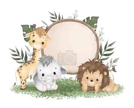 Photo for Watercolor Illustration wooden board with cute baby safari animals sit on green grass and tropical leaves - Royalty Free Image