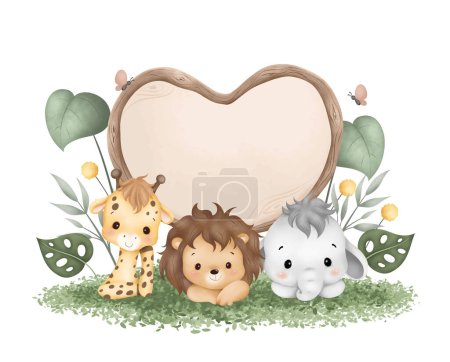 Ilustración de Tablero de madera de la ilustración de la acuarela con los animales lindos del safari del bebé se sientan en hierba verde y hojas tropicales - Imagen libre de derechos