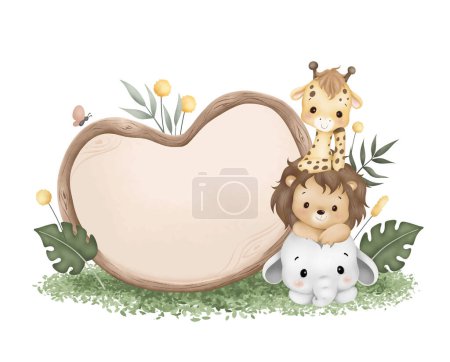 Téléchargez les illustrations : Aquarelle Illustration planche en bois avec bébé animaux safari mignon assis sur herbe verte et feuilles tropicales - en licence libre de droit