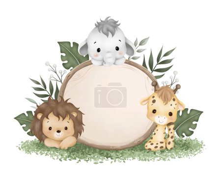 Illustration for Watercolor Illustration wooden board with cute baby safari animals sit on green grass and tropical leaves - Royalty Free Image