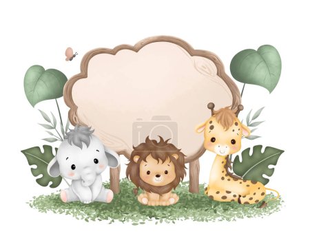 Téléchargez les illustrations : Aquarelle Illustration planche en bois avec bébé animaux safari mignon assis sur herbe verte et feuilles tropicales - en licence libre de droit